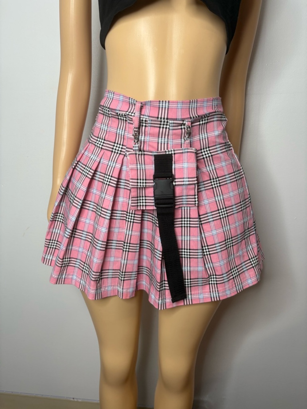 Pink Plaid Pleated Mini Skirt with Black Buckle Strap